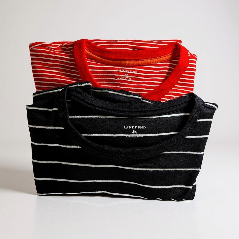 Lot of 2 Lands' End 100% Cotton Striped T-Shirts Blue Orange Women's XL Casual